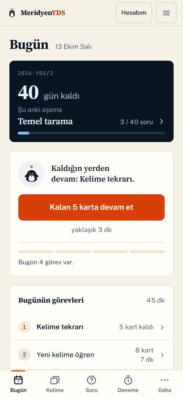 Uygulamanın Bugün ekranı: plan haftası, sınava kalan gün sayısı ve günlük hedef
